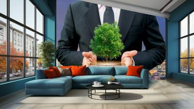 ecology concept human hands holding big plant tree with on background world environment day Wall mural