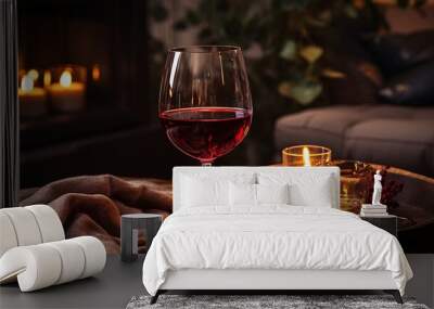 A wine glass with red wine and a cozy indoor setting Wall mural