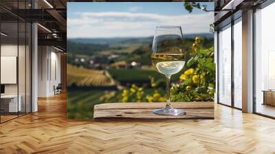 A wine glass with white wine and a picturesque landscape Wall mural