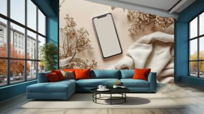 Blank clipping path screen mobile phone with mockup copy space and dry floral branch Wall mural