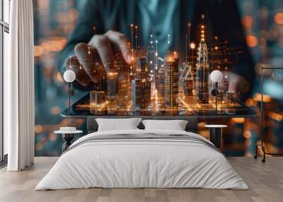 Smart city, building technology, and real estate business. Businessman holding digital tablet with buildings hologram and application programming interface technology Wall mural