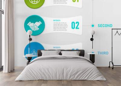 4 step infographic template. White square in center with text and numbers. The left multi-colored circle has a white icon in the center of the circle with a line on the right and multi-colored letters Wall mural