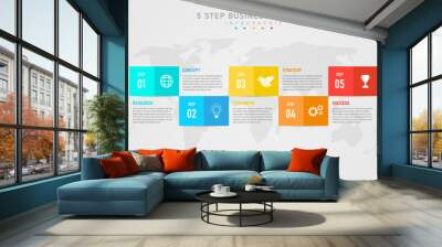 5 steps to planning for success Infographic template A multi-colored square with numbers on the left and an icon on the right below with text. The map below has a gray gradient background. Wall mural