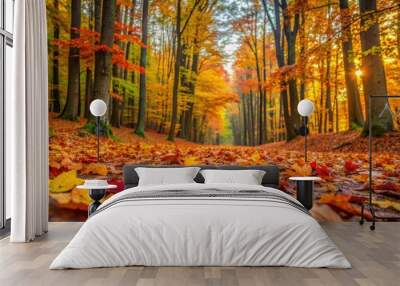 A peaceful scene of colorful autumn leaves covering the forest floor in a tranquil wooded area, Autumn, Woods, Nature, Fall Wall mural