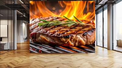 Close-up of a juicy grilled steak cooking on a hot grill , barbecue, steak, grilling, cooking, BBQ, delicious, meat, food, flames Wall mural