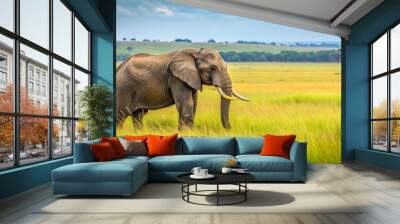 Elephant grazing on grass field, elephant, wildlife, nature, mammal, herbivore, eating, grass, field, outdoors, safari, feeding Wall mural