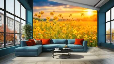 Field of yellow wildflowers swaying gently in the summer breeze at sunset, wildflowers, yellow, field, summer, breeze, sunset Wall mural