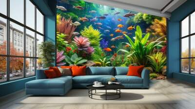 Fish swimming in a lush forest aquarium surrounded by colorful aquatic plants and rocks, aquarium, underwater Wall mural