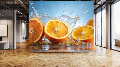 Fresh orange slices splashing with water , vibrant, citrus, refreshing, juicy, fruit, healthy, organic, motion, droplets Wall mural