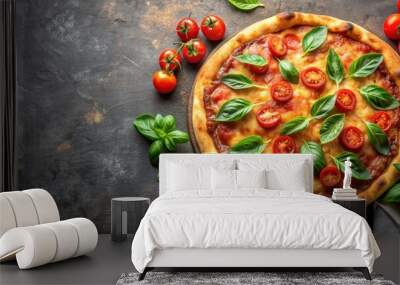 Freshly baked pizza topped with ripe tomatoes and fresh basil leaves, pizza, tomatoes, basil, Italian cuisine Wall mural