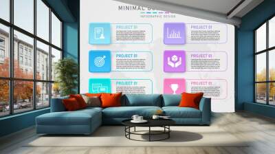 minimal infographics business planning 6 beautiful pastel squares with outlines Letters and icons design for growth, marketing, options, finance, investing. Wall mural