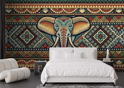 Seamless ethnic tribal pattern with large elephant element , Thai, cultural, style, beautiful, carpet, design, seamless Wall mural