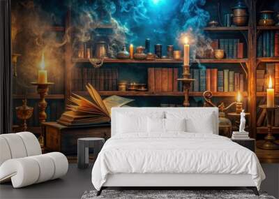 Sorcerer's library with magical books and artifacts casting spells, sorcerer, library, magical, books, artifacts, spells Wall mural