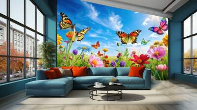 Vibrant butterflies and colorful flowers against a bright blue sky, butterflies, flowers, sky, nature, vibrant, colorful Wall mural