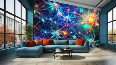 Vibrant neon intricate neural pathways on dark background, brain, neurons, connections, illuminated, vibrant Wall mural