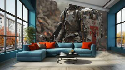 Armored warrior using a portable shield and advanced weaponry, military, defense and offense Wall mural