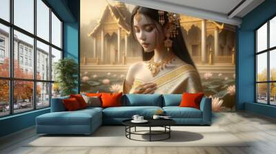 Elegant Thai Royalty: A Graceful Woman in Traditional Golden Attire, Adorned with Intricate Jewelry, Set Against a Majestic Temple Backdrop Surrounded by Lotus Blossoms in a Serene, Mystical Ambience Wall mural