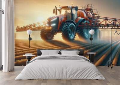 Modern Tractor Spraying Pesticides in a Crop Field at Sunset, Highlighting Advanced Agricultural Techniques with Precision Spraying and Warm Rural Landscape Under a Colorful Sky Wall mural