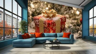 Beautiful Red Christmas Gift Box with Gold Ribbon Wall mural