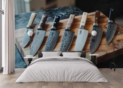 High-Quality Kitchen Knives Set on Wooden Cutting Board Wall mural