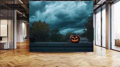 Spooky Jack-o'-Lantern on a Windowsill at Dusk Wall mural