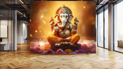 hindu lord ganesha with blurry beautiful and colorful decorative background, ganesha ganpati statue, Wall mural