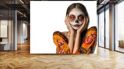 Portrait of a woman with halloween horror makeup, her face painted with a scary expression for the day of the dead festival, isolated on a transparent png background Wall mural