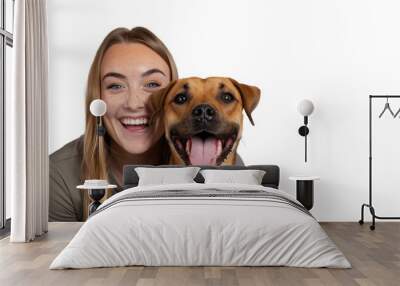 Portrait of beautiful Veterinarian women hugging cute dog with smile and hppiness isolated on background, lovely moment of pet and owner. Wall mural