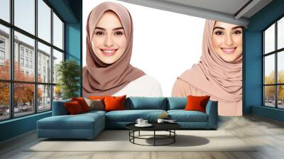 Portrait of young beautiful Muslim woman that wear hijab isolated on white transparent background, Arabian middle eastern religious concept. Wall mural