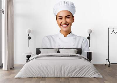 Portrait of young chef woman with uniform and cap posting with happy smile isolated on transparent background. Wall mural