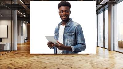 Studio portrait company business worker smart young African American man with serious face holding tablet, isolated on transparent png background. Wall mural