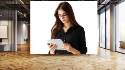 Studio portrait company worker beautiful young Caucasian woman with an attractive smile wearing casual outfits and holding digital tablet, isolated on transparent png background. Wall mural