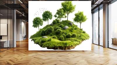 3D piece of green island with trees and rock isolated on transparent background. Wall mural