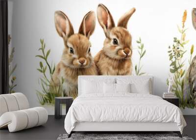 Bunnies in the grass Watercolor painted isolated on transparent background. Wall mural