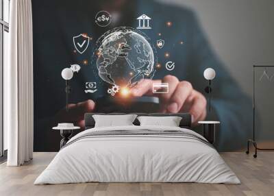 Businessman holding smartphone with virtual Global Internet connection. Global internet connection application technology and digital marketing, Financial and banking, Digital link tech, big data. Wall mural