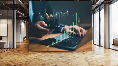 Planning and strategy, Stock market, Business growth, progress or success concept. Businessman or trader is showing a growing virtual hologram stock, invest in trading. Return on stocks mutual funds Wall mural