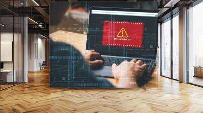 System warning hacked alert, cyber attack on computer network. Cybersecurity vulnerability, data breach, illegal connection, compromised information concept. Malicious software, virus and cybercrime. Wall mural