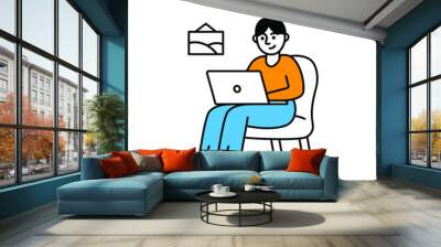 Girl working on laptop sitting on a chair flat vector illustration. Black hair woman in yellow shirt and blue jeans doodle web illustration.  Wall mural