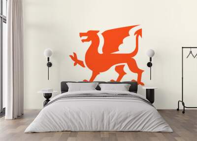 Medieval red dragon logo. Dragon with wings red silhouette. Vector illustration Wall mural