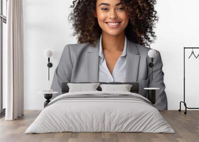 African American businesswoman in grey suit with white shirt posing isolated on transparent background Career success concept Mock up Looking to the side Wall mural