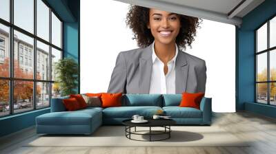 African American businesswoman in grey suit with white shirt posing isolated on transparent background Career success concept Mock up Looking to the side Wall mural