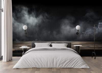 Dark background with smoking old wooden table top. Wall mural