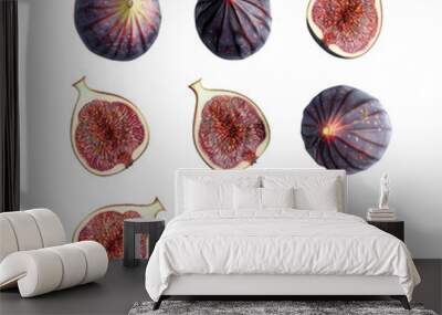 Fresh whole and sliced figs arranged separately on a transparent background, viewed from above Wall mural