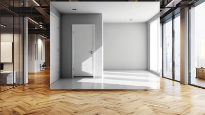 Interior of a contemporary apartment with a window, a gray floor, and a door to the subsequent room. Wall mockup with a blank copy space but no individuals. Generative AI Wall mural