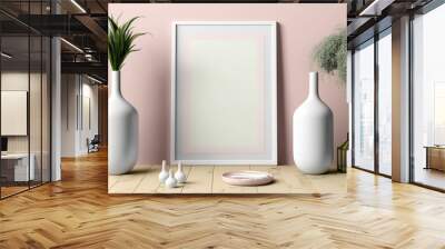 Interior poster mock-up with two contemporary vases in a room with a pink wall and a vertical empty frame on the floor. Generative AI Wall mural