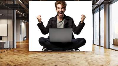 Joyful young man sitting on the ground using laptop and celebrating achievement or triumph against a white transparent background Grasping cash Wall mural