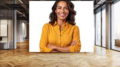 Middle aged Hispanic woman joyfully poses with crossed arms and a happy expression in front of a transparent background Wall mural