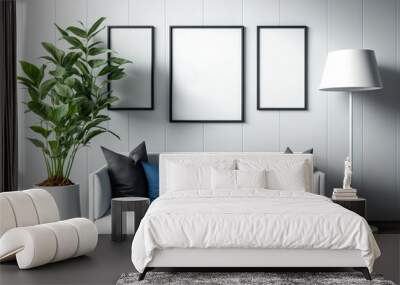 Mockup three empty frames. White sofa with dark blue pillows, white modern lamp, plant, and coffee table may all be found in a bright living room.  Generative AI Wall mural