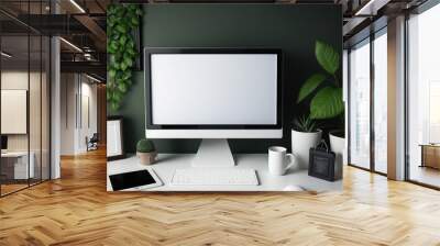 Office desk with white computer screen and ornamental technologies. Generative AI Wall mural