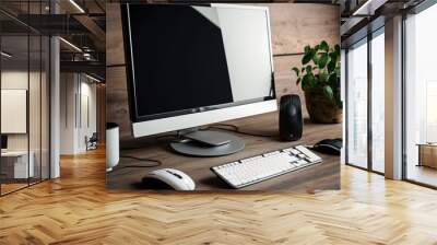 office monitor, wooden table with mouse. a computer with a blank screen, a keyboard, and a mouse. An idea for a digital company. Generative AI Wall mural